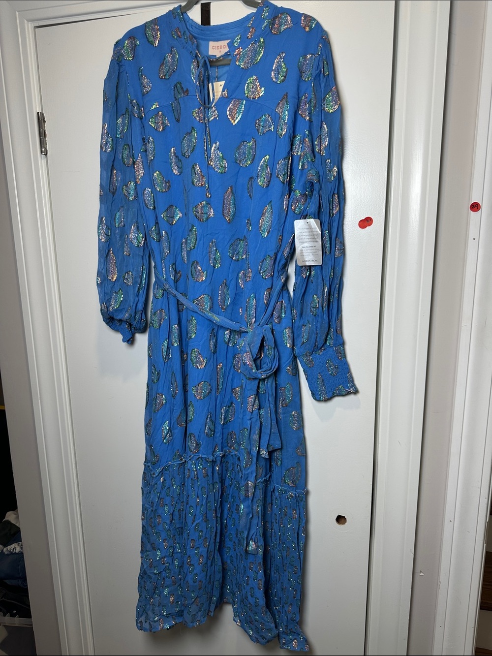 Cleo Blue Metallic Leaf-Print Maxi Dress with Self-Tie Waist (52)